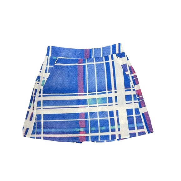 Pants - Ethyl Skort Womens 4 Blue White Plaid Crinkle Pull On Pockets Built In Shorts